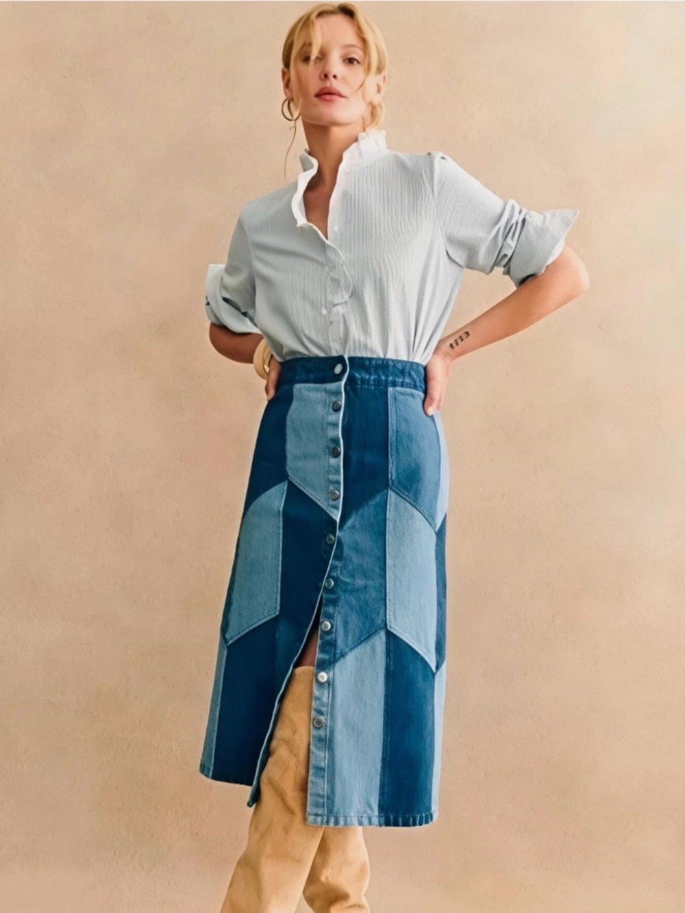 Sezane Alexane Denim Skirt Size FR 42/ AU & UK 14/ US 10 Patchwork Boho Vintage